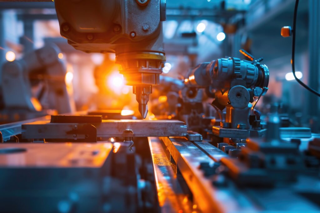 A machine in action, working on a piece of metal. This image can be used to depict industrial processes and manufacturing.